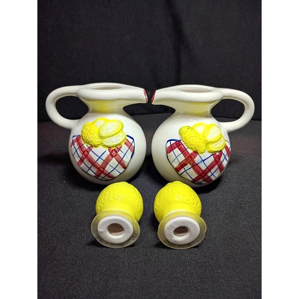 Lemon Oil Vinegar Cruet Set Ceramic Pitchers Plaid Gingham Country Kitchen